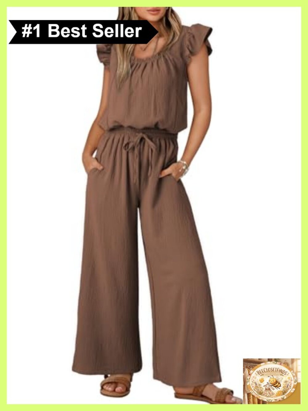 Womens Ruffle Sleeve Square Neck Jumpsuit Drawstring Waist Pockets